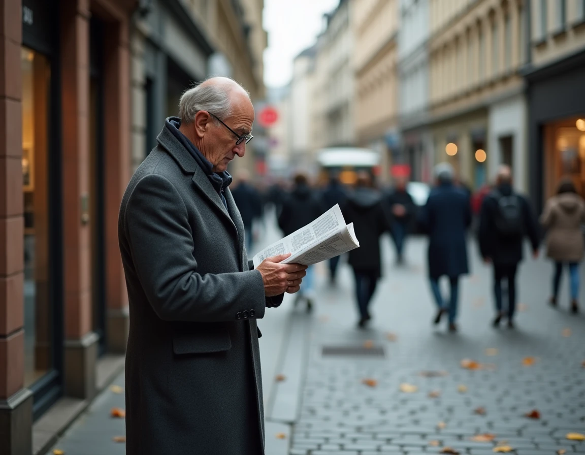 Homme lisant un journal dans une rue européenne animée avec kiosque à journaux en arrière-plan