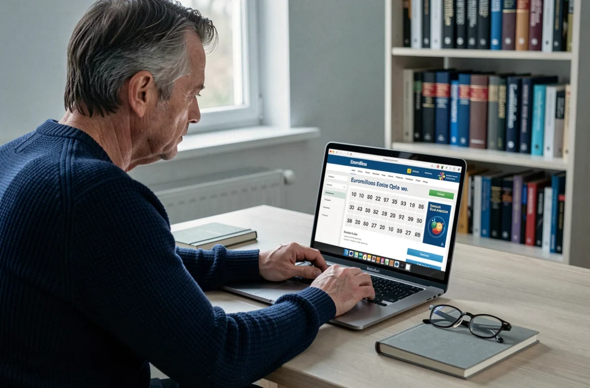 Homme consultant le site Euromillions sur ordinateur portable pour comprendre l'option étoile et ses avantages
