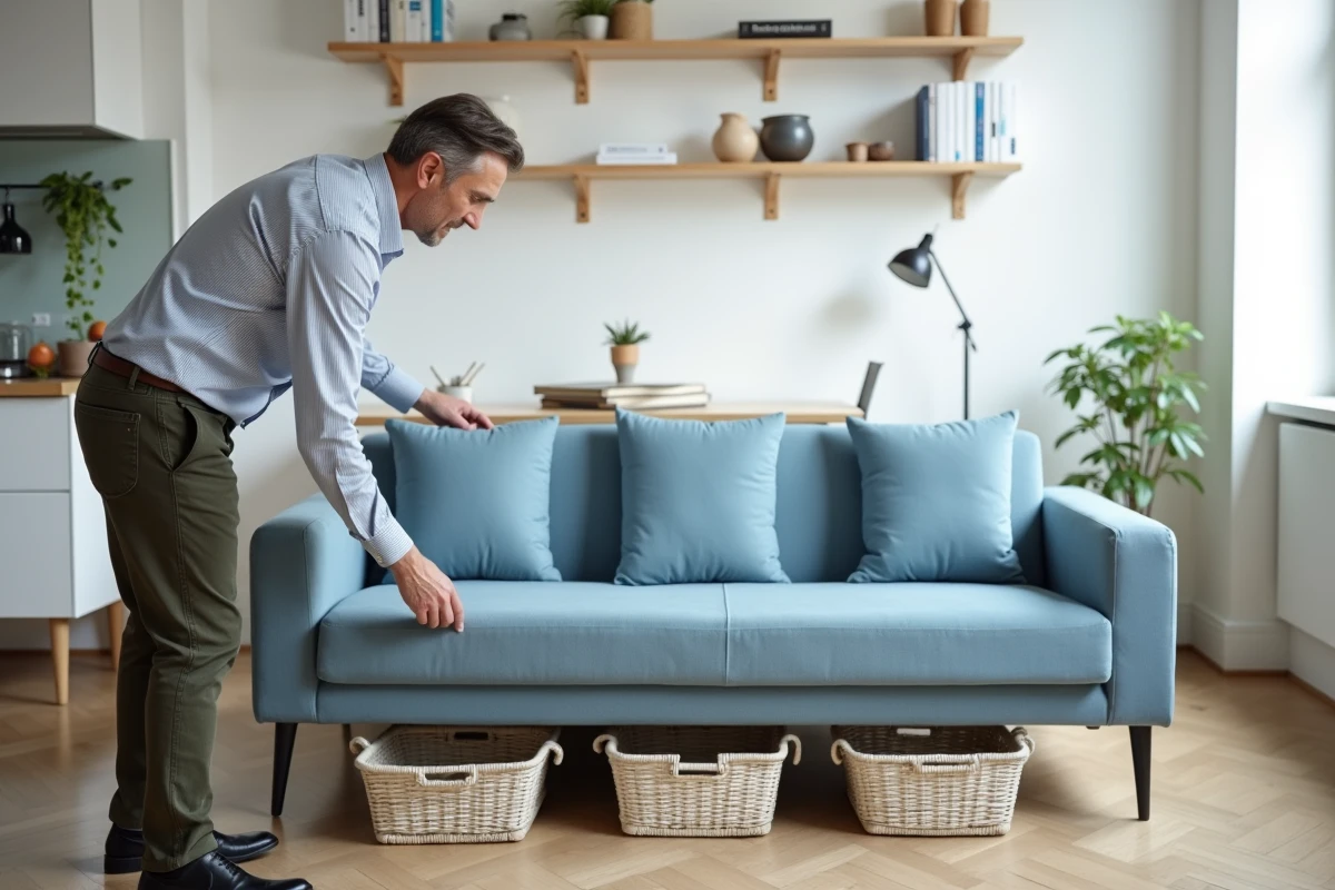Homme arrangeant des paniers de rangement dans un studio