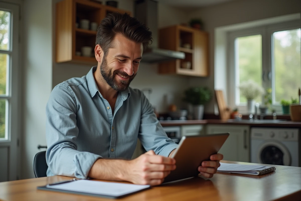 Homme détendu vérifiant ses finances à la maison