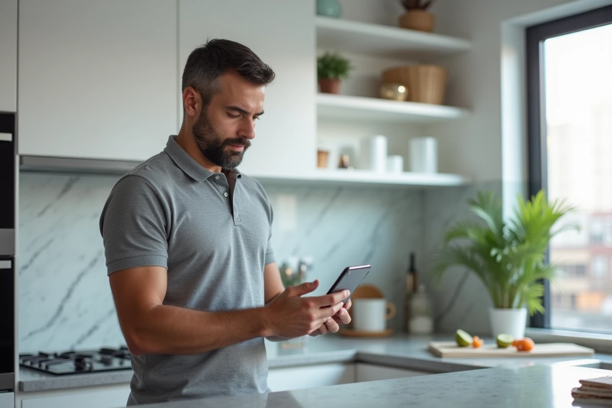 Homme utilisant un smartphone pour s'inscrire sur un portail de services municipaux dans une cuisine moderne
