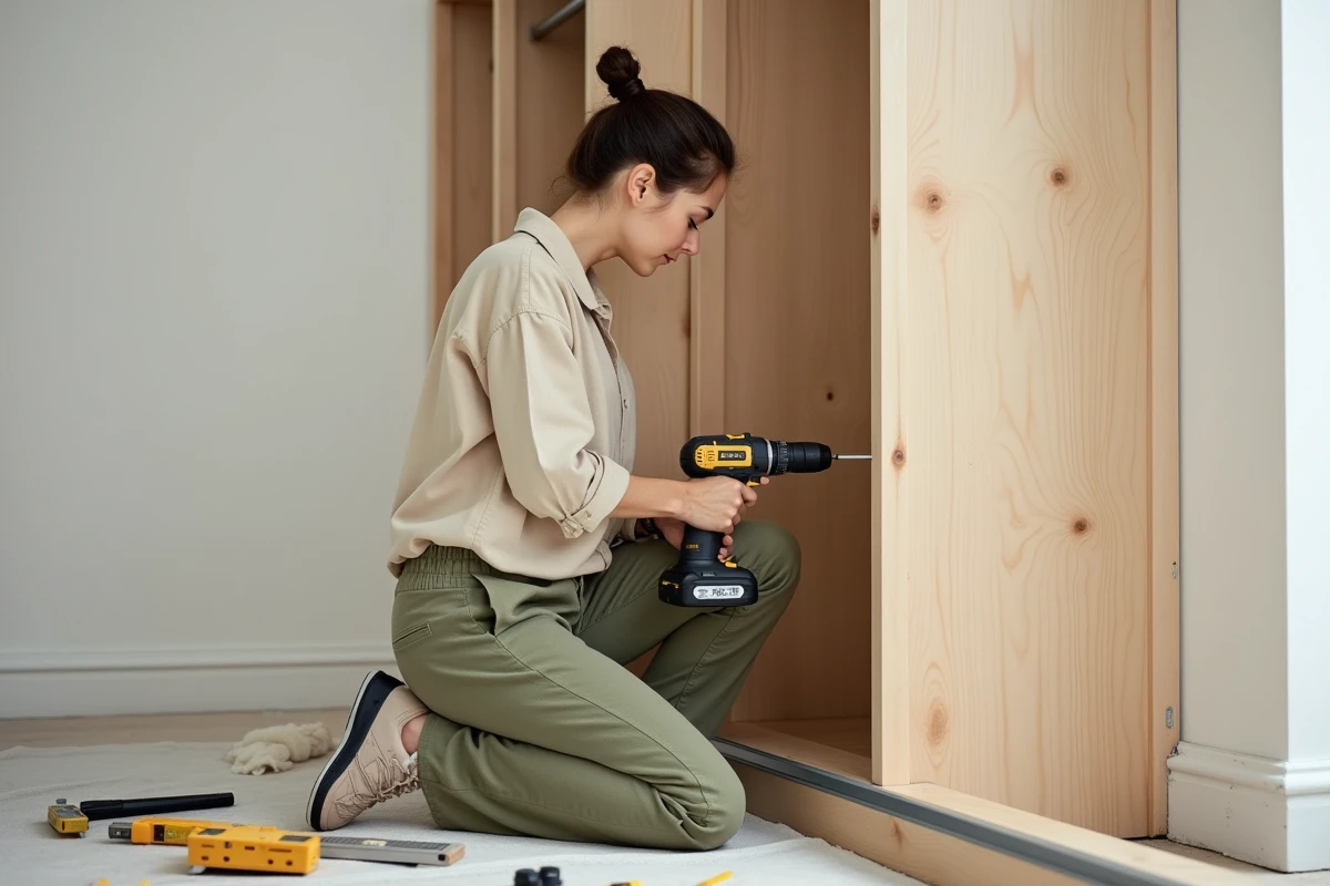 Femme utilisant une perceuse pour visser une joue de dressing sur un rail métallique dans un dressing en construction