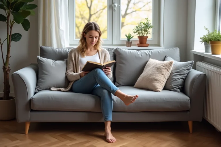 Jeune femme lisant dans un salon scandinave cosy