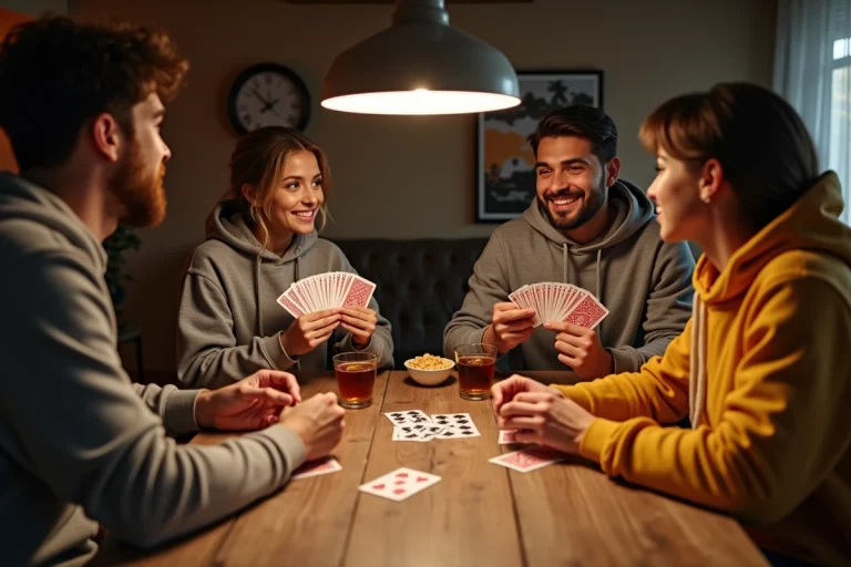 Quatre jeunes adultes jouant au jeu de cartes Kems autour d'une table en bois rustique lors d'une soirée jeux conviviale