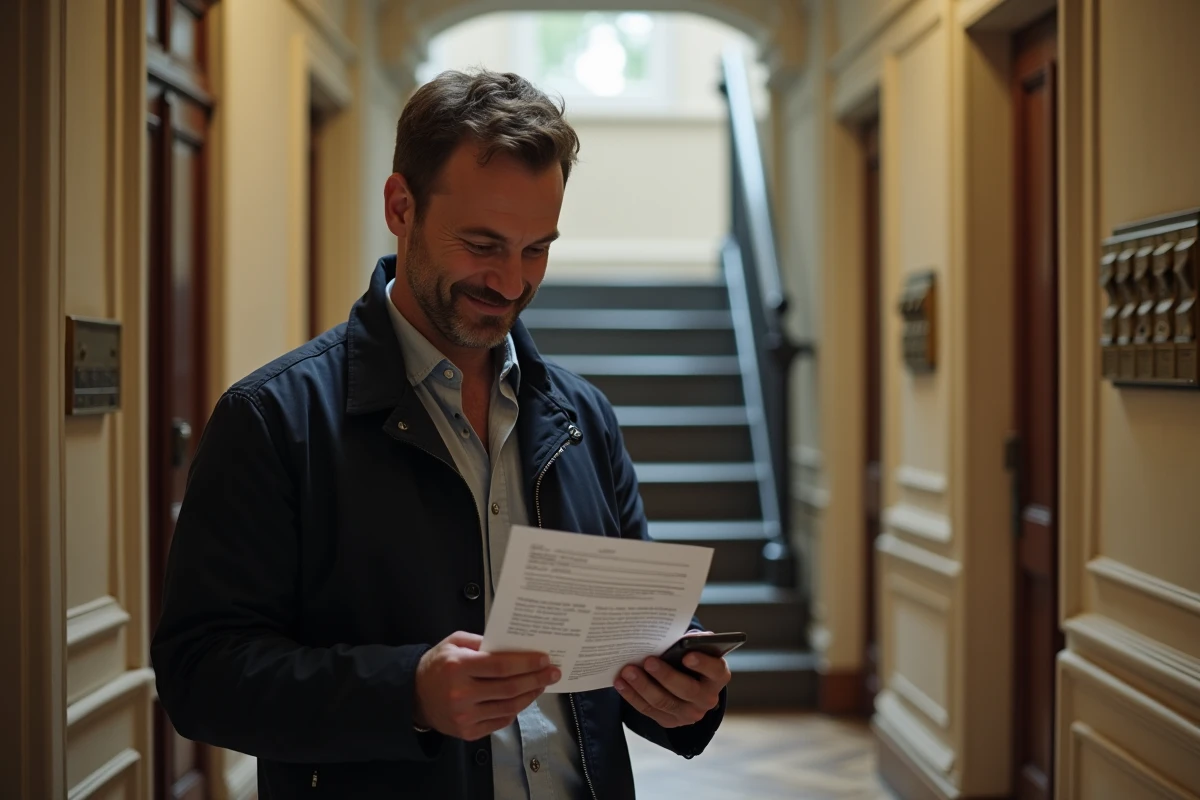 Locataire tenant une confirmation de location devant la porte d'un immeuble parisien après avoir utilisé une plateforme d'annonces