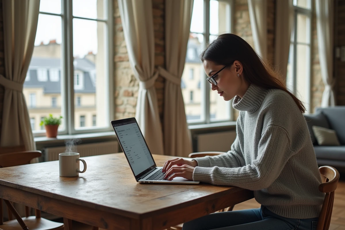 Jeune femme consultant des annonces immobilières sur un ordinateur portable dans un appartement parisien de style haussmannien