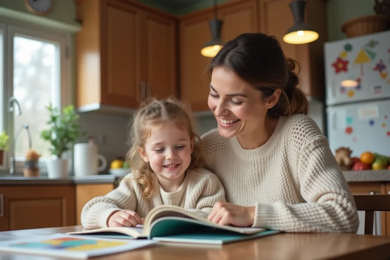 Maman et sa fille lisant un guide parental dans la cuisine