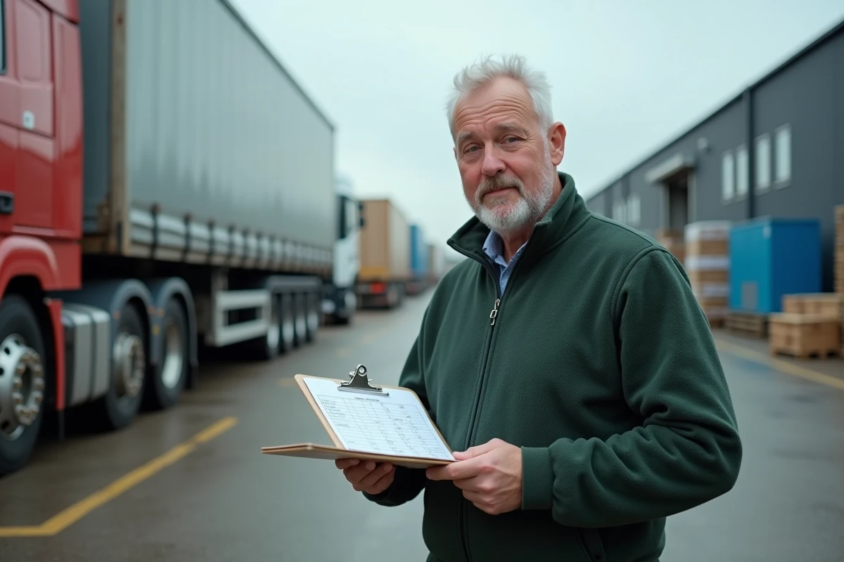 Responsable transport expliquant la grille salaire coefficient 150m à un conducteur routier dans un dépôt logistique
