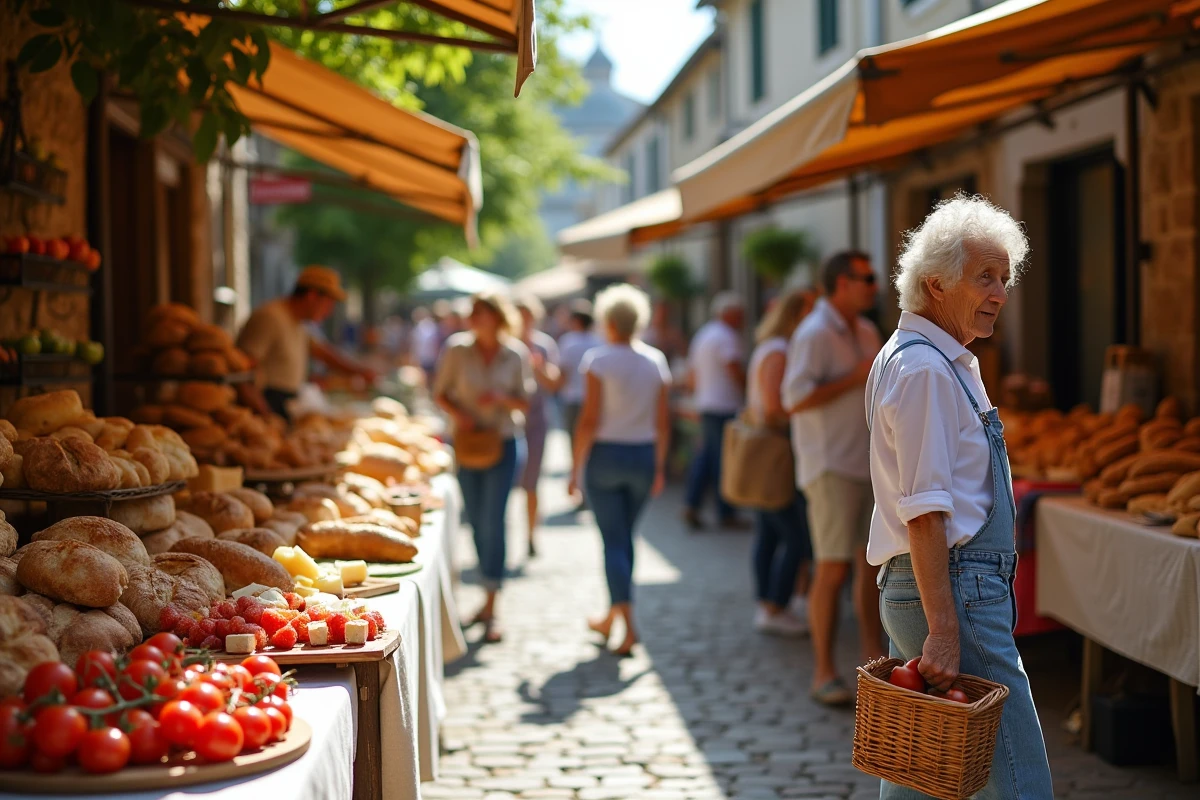 Marché artisanal gourmand en plein air avec fromages, charcuterie et pains frais sur des étals en bois
