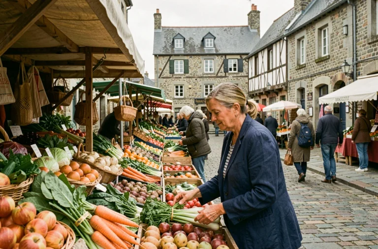 Marché breton animé avec des produits locaux dans une place de ville aux bâtiments en granite typiques de Bretagne