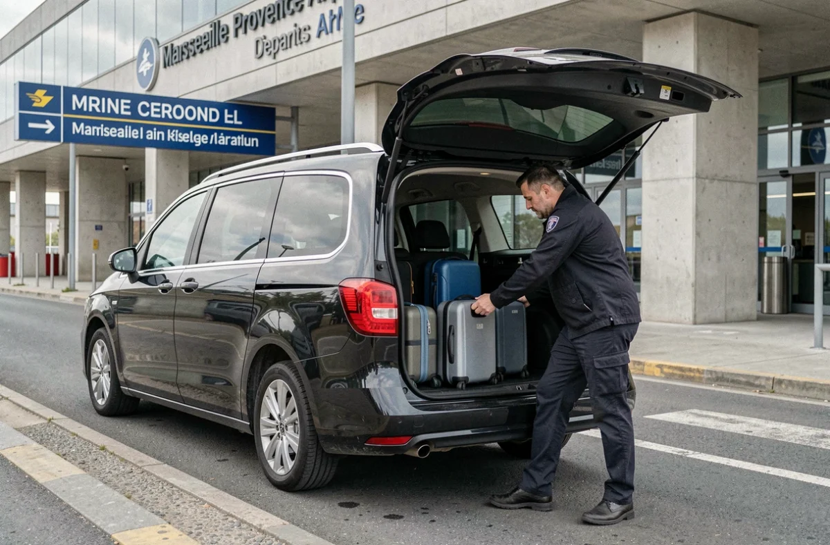 Service de navette aéroport de Rognac Auto avec transfert de bagages devant le terminal de Marseille Provence