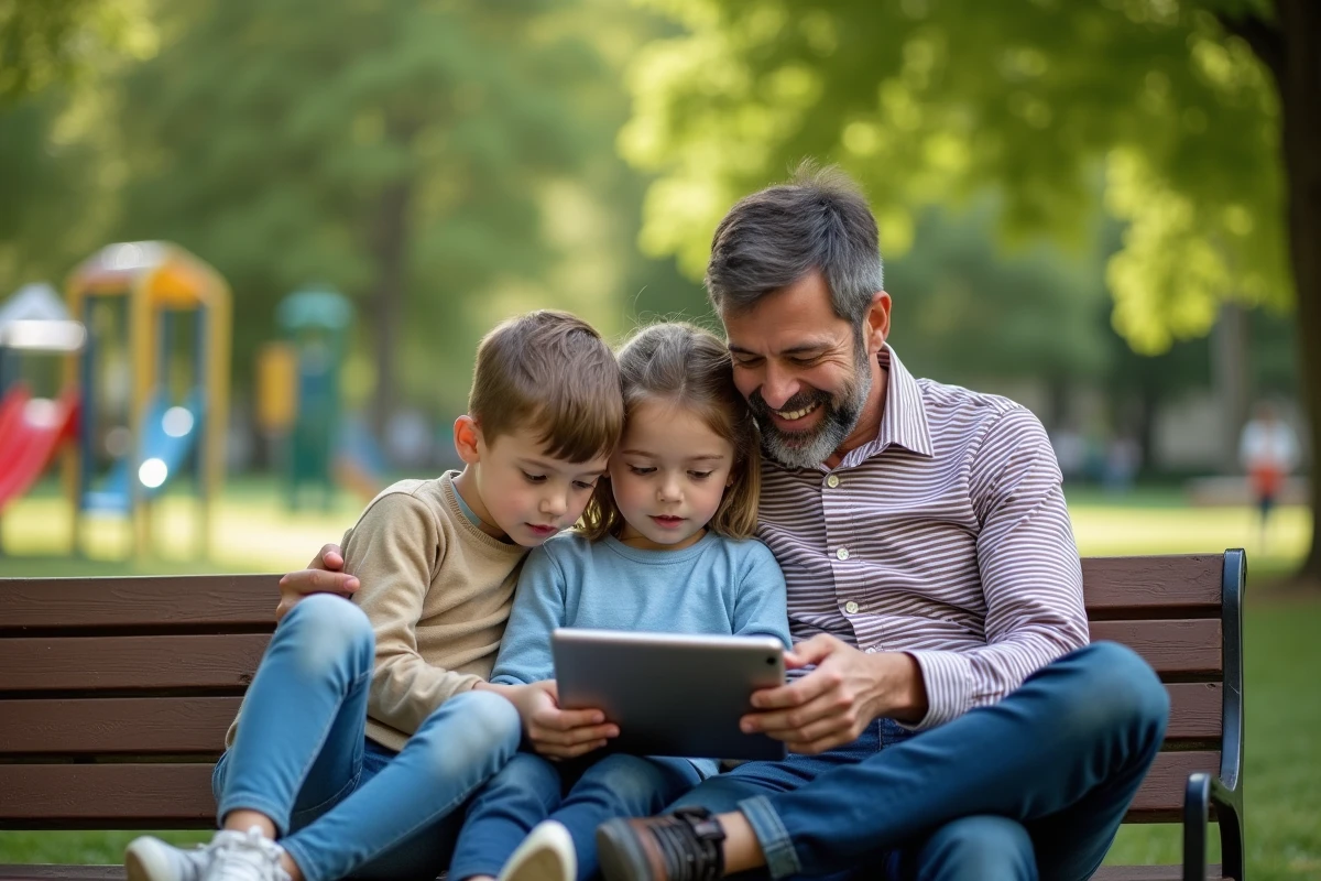 Père et ses enfants regardant une tablette dans un parc