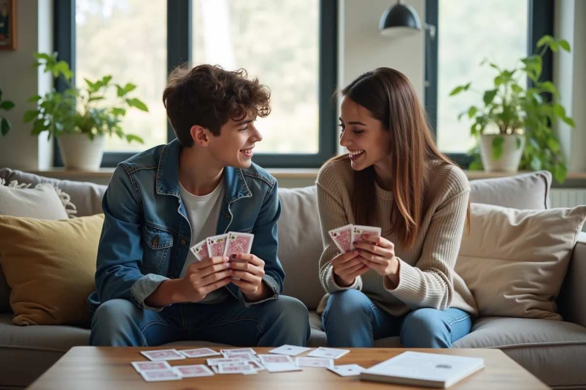 Deux partenaires de jeu de Kems échangeant discrètement un signal secret sur un canapé lors d'une partie de cartes en appartement