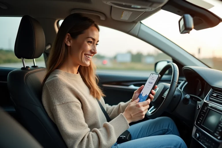 Passagère en covoiturage consultant les frais Blablacar sur son smartphone dans une voiture sur l'autoroute