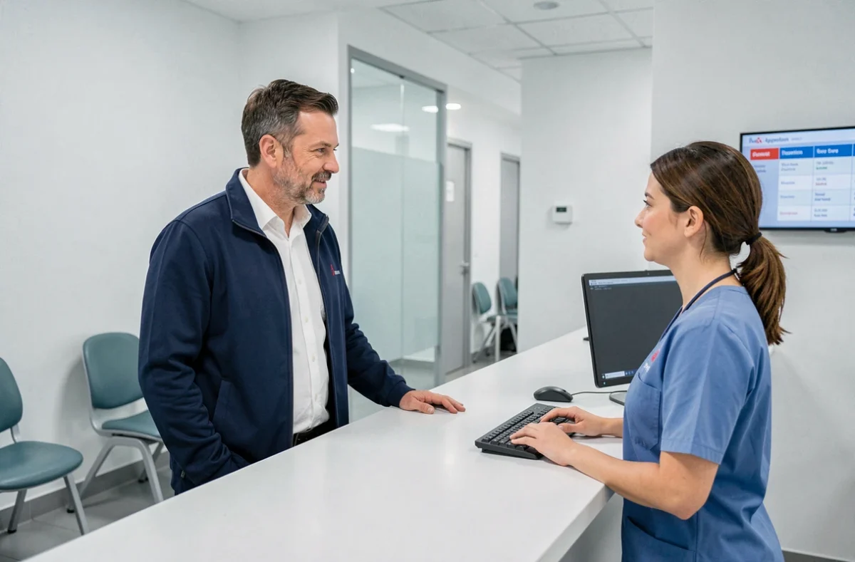 Patient discutant avec une réceptionniste dans une clinique médicale moderne pour trouver un médecin