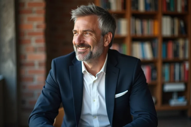 Homme en blazer bleu et chemise blanche en portrait en intérieur