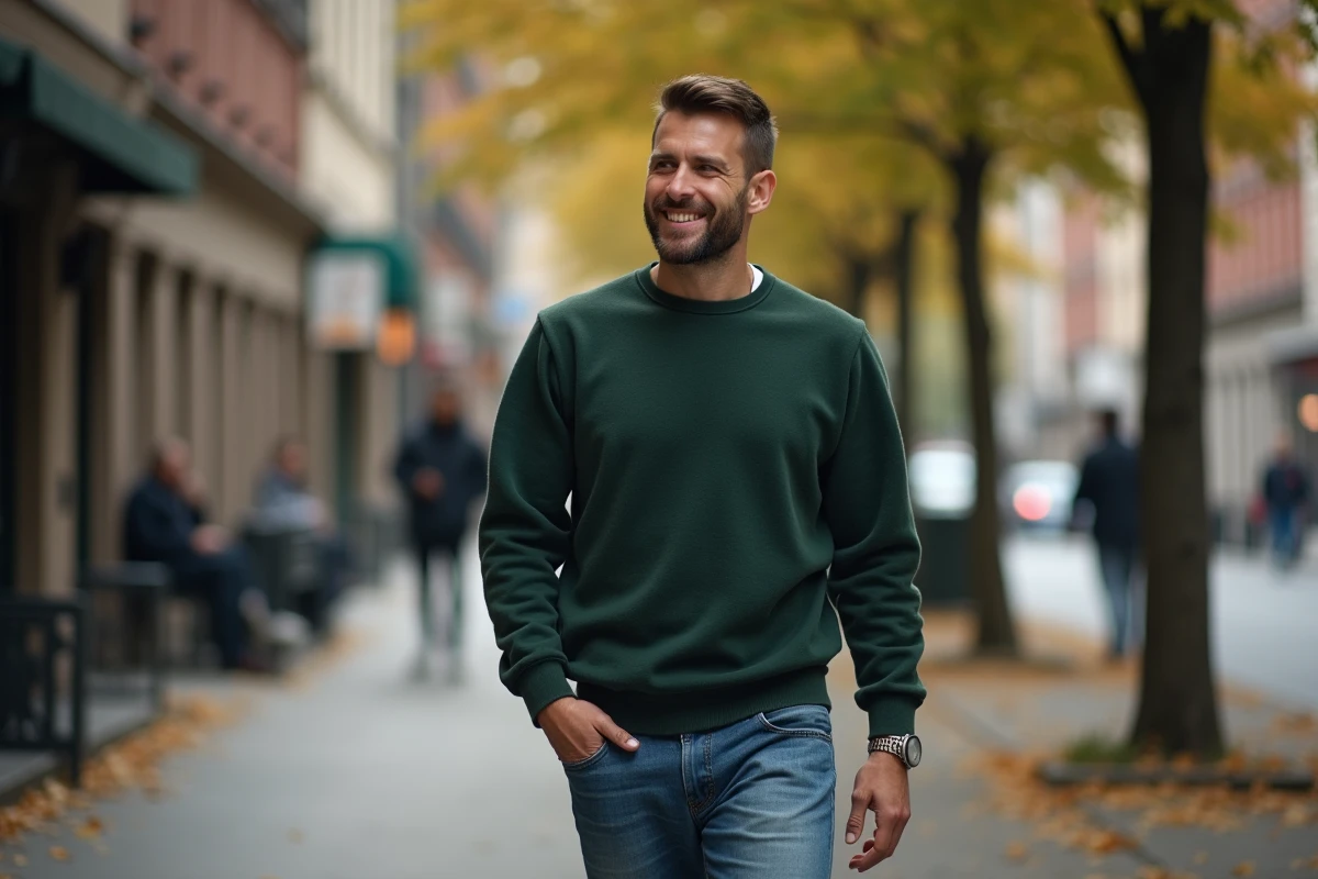 Homme en pull vert et jeans marchant en ville en automne