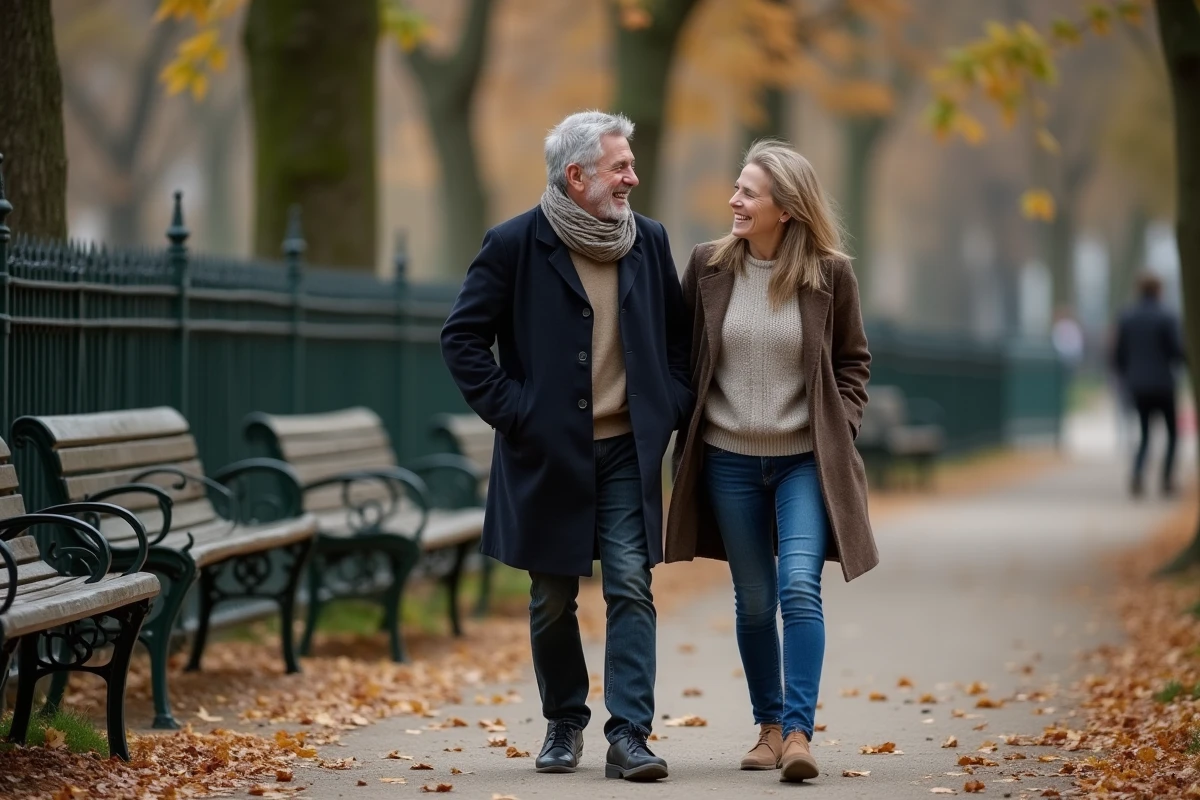Couple marchant dans un parc parisien en automne