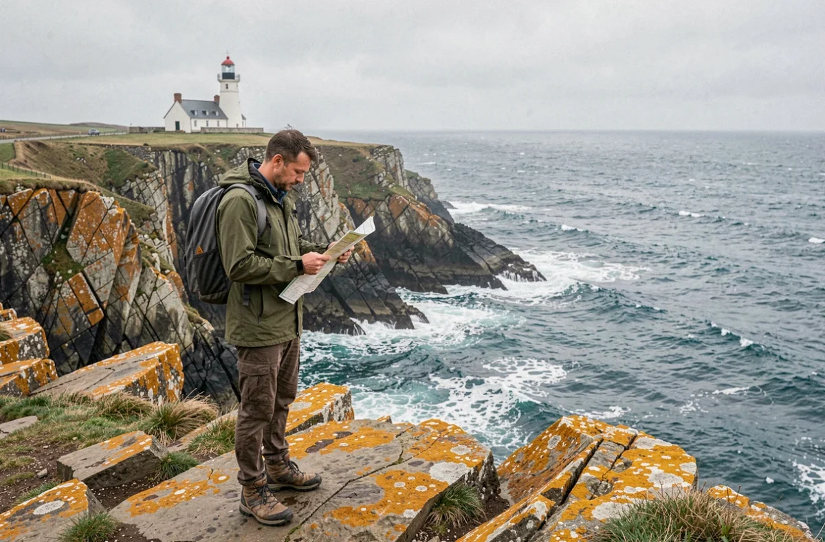 Randonneur observant le littoral breton depuis des falaises rocheuses avec un phare en arrière-plan face à l'Atlantique
