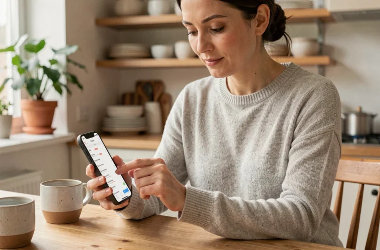 Femme cherchant un professionnel de santé fiable sur son smartphone depuis chez elle