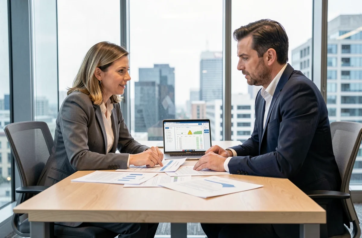 Deux professionnels collaborant pour résoudre une suspension de connexion Maestro Business avec Tomirvibum Ltd en salle de réunion
