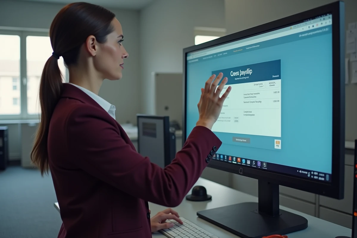 Responsable RH présentant le portail de bulletins de paie dématérialisés Arkevia sur écran dans un bureau d'entreprise