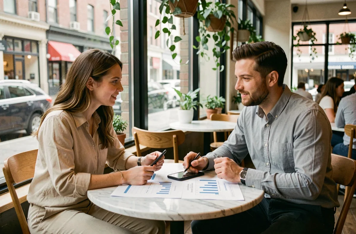 Deux professionnels discutant de tendances en marketing digital autour d'une table dans un café urbain