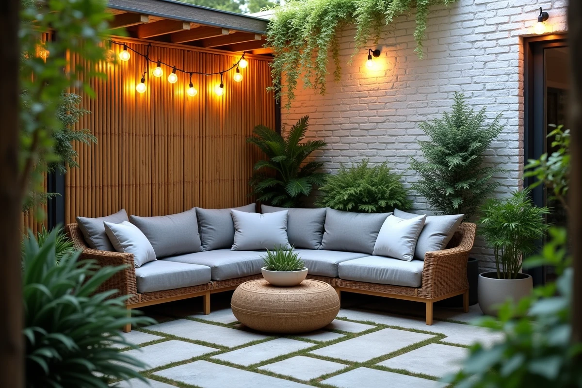 Coin salon extérieur avec canapé d'angle et pergola en bois dans un patio urbain végétalisé