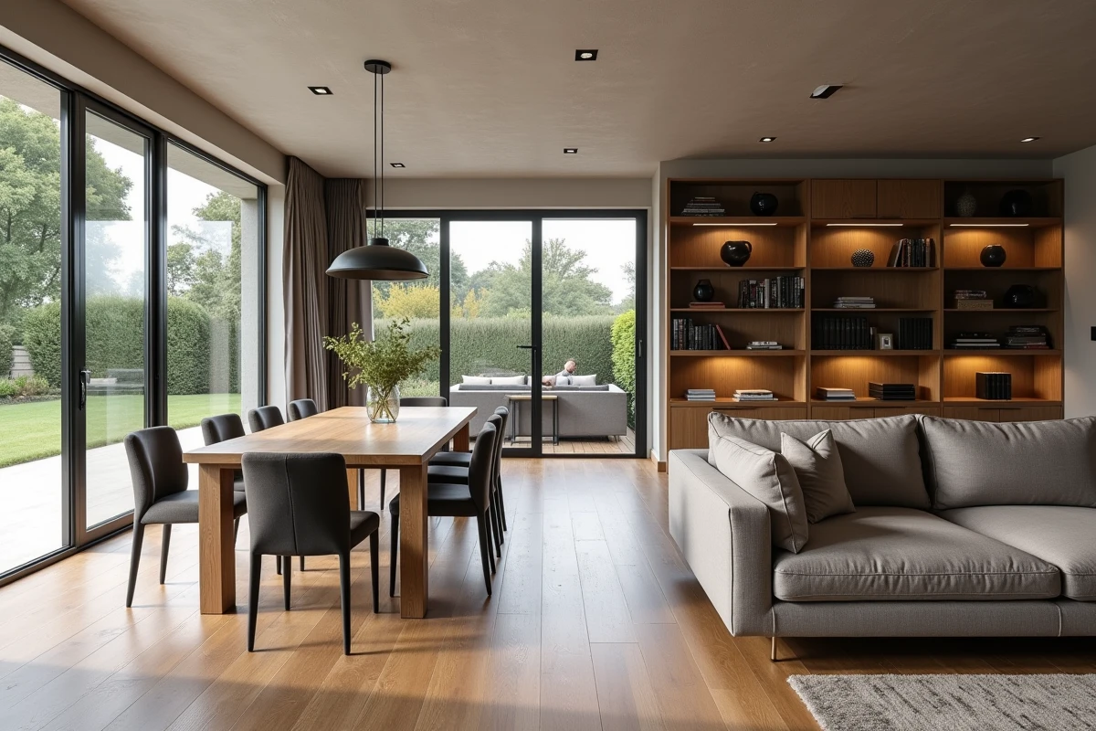 Séjour spacieux et salle à manger ouverts d'une maison 5 pièces avec parquet chêne et grandes baies vitrées