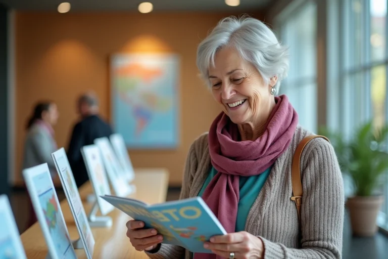 Femme senior souriante examine une brochure de voyage