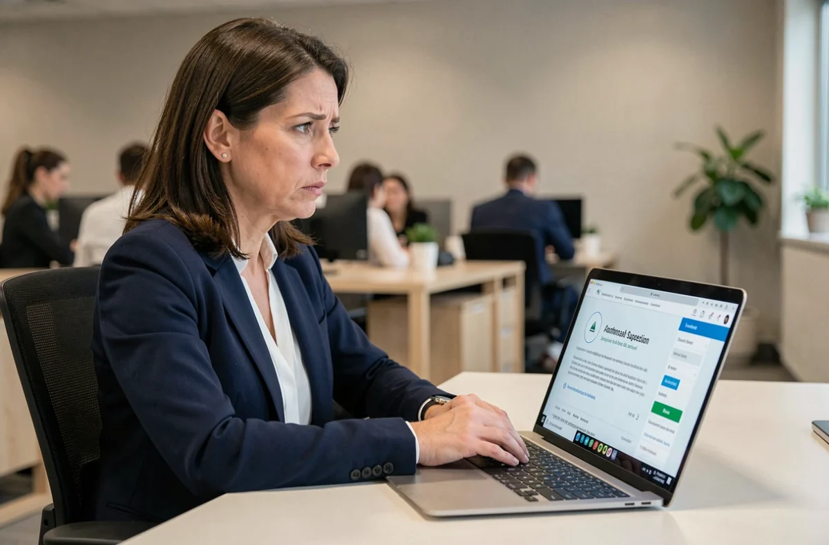 Femme professionnelle face à une notification de suspension de compte Maestro Business sur son ordinateur portable au bureau