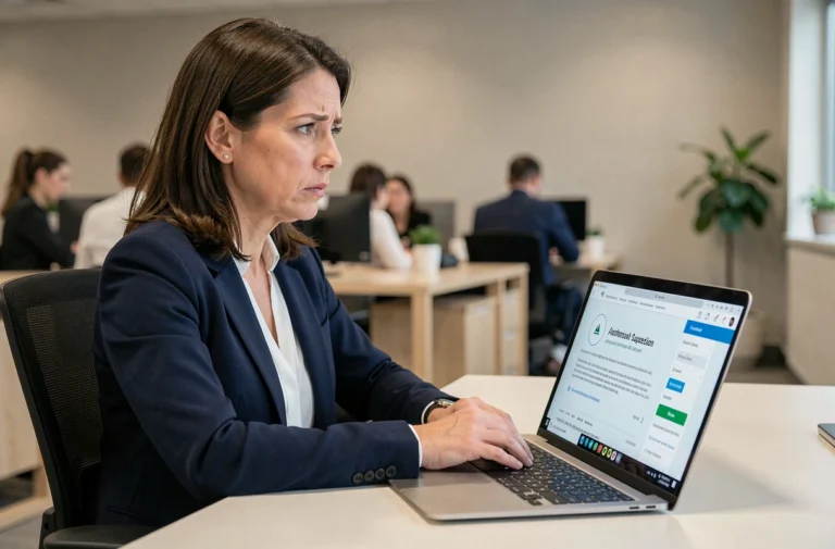 Femme professionnelle face à une notification de suspension de compte Maestro Business sur son ordinateur portable au bureau