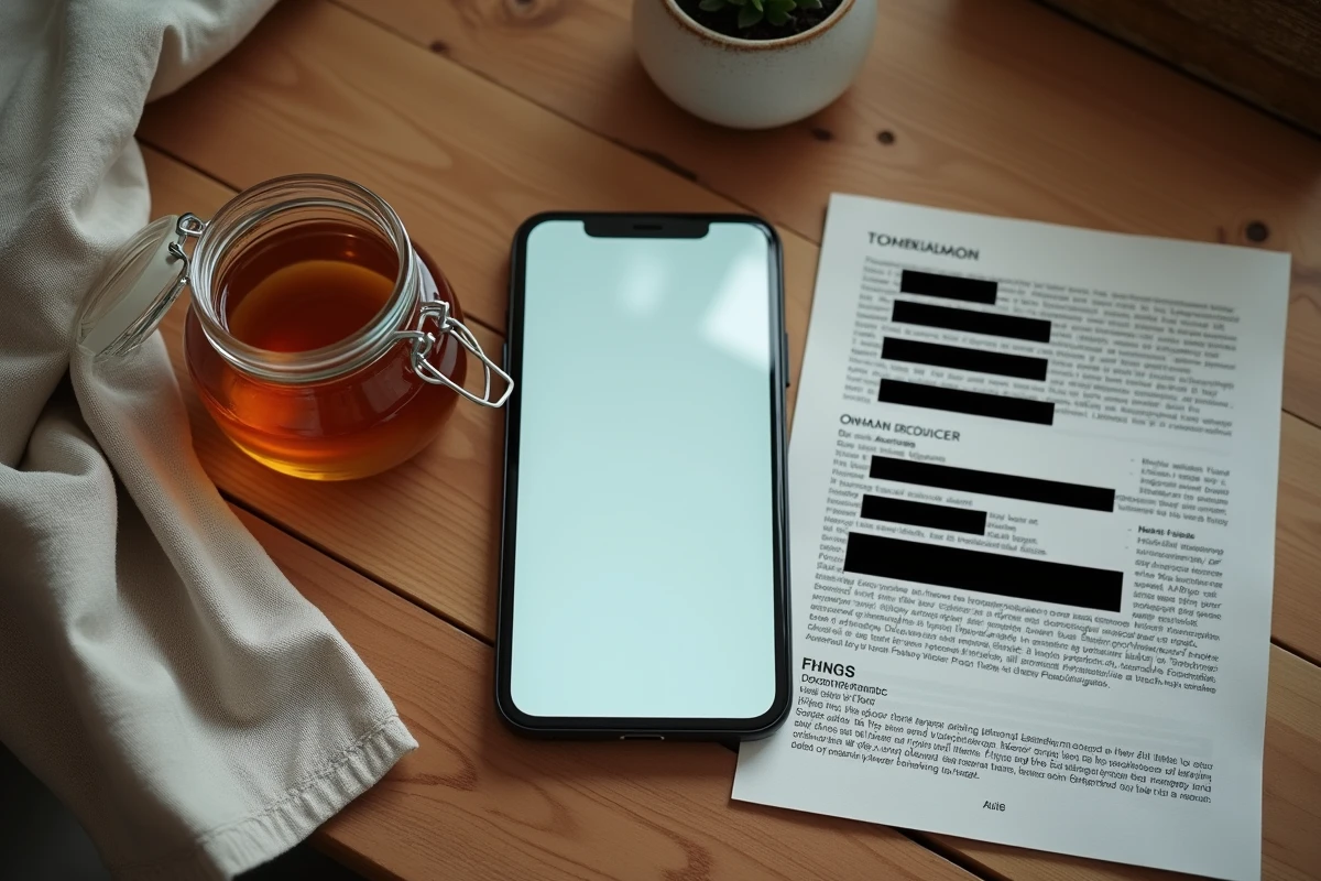Vue de dessus d'un smartphone et d'un pot de miel symbolisant le leak miel abt et la fuite d'informations sur les réseaux sociaux
