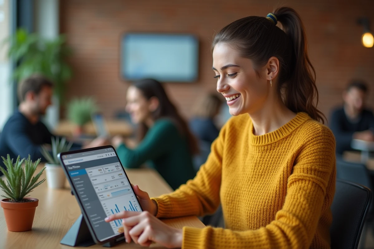Jeune femme consultant le tableau de bord de services en ligne MyCitya sur une tablette dans un espace de coworking