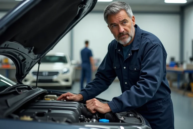 Mécanicien automobile en overalls examinant un moteur moderne