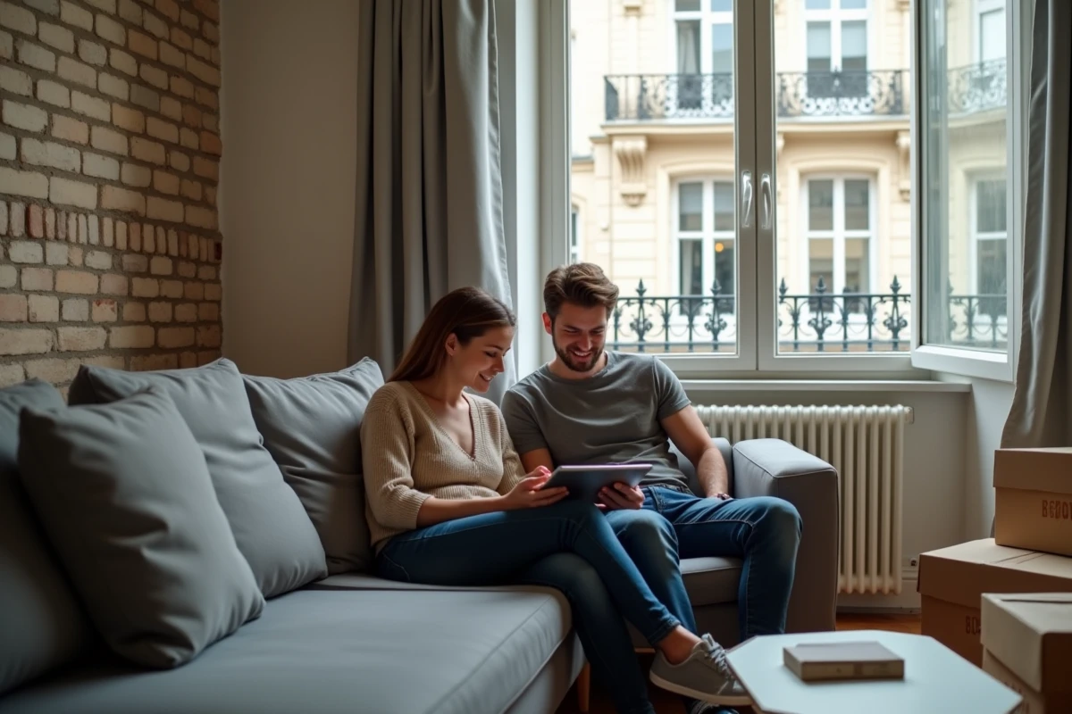 Couple de locataires consultant des avis et témoignages sur une tablette dans leur nouvel appartement parisien