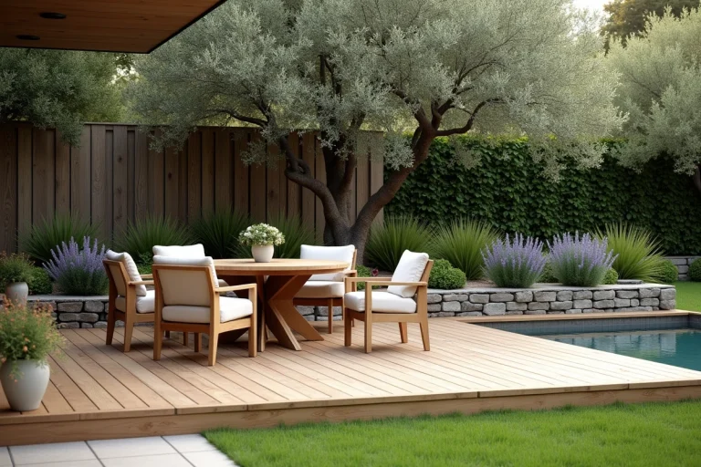 Terrasse en bois naturel avec mobilier de jardin en teck et lavandes en pot dans un jardin aménagé
