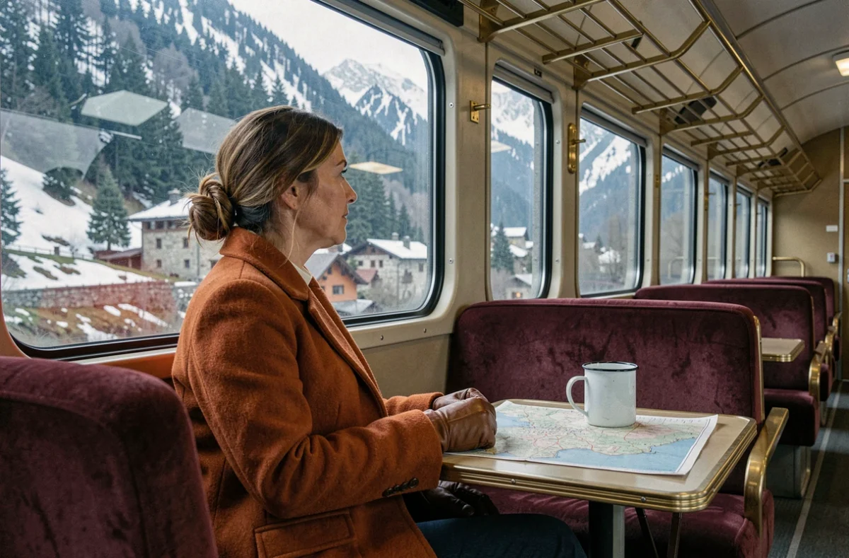 Femme en manteau de laine regardant un paysage alpin depuis la fenêtre d'un train européen classique