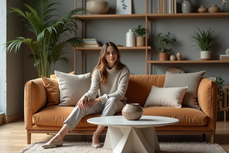 Femme élégante dans un salon moderne et lumineux
