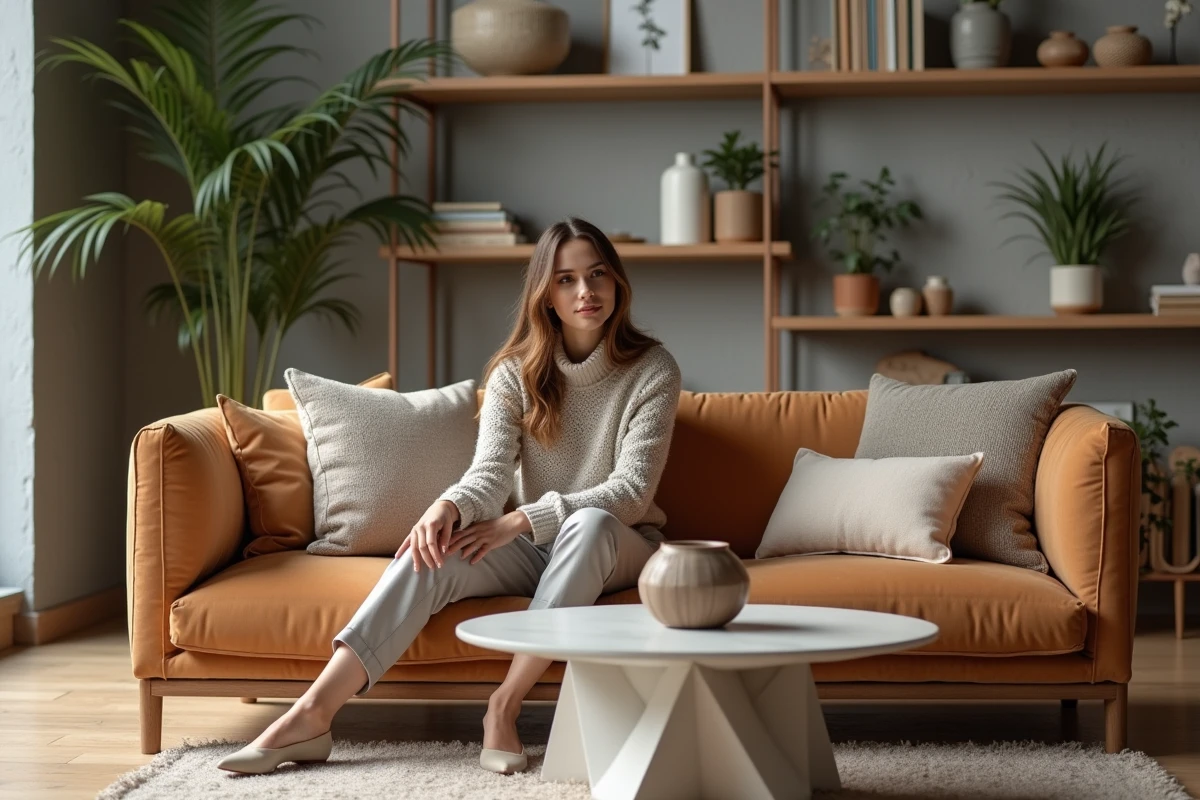 Femme élégante dans un salon moderne et lumineux